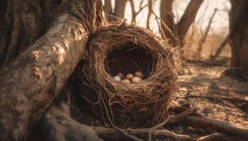 Nouveau la vie éclosion dans oiseau nid sur branche généré par ai photo