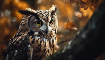 génial cornu hibou se percher sur l'automne branche généré par ai photo