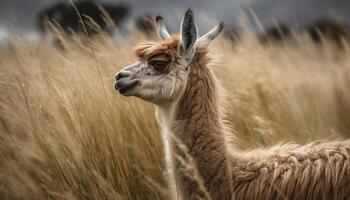 mignonne alpaga pâturage dans vert prairie, à la recherche à caméra généré par ai photo