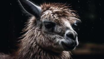 mignonne alpaga portrait, à la recherche à caméra avec curiosité généré par ai photo