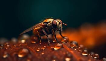 petit abeille sur humide feuille, concentré pollinisation généré par ai photo