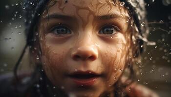 souriant enfant pièces dans pluie, pur joie généré par ai photo