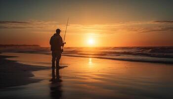 silhouette de pêcheur retour allumé par le coucher du soleil généré par ai photo