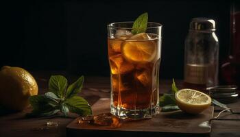 Frais agrumes cocktail sur rustique en bois table généré par ai photo