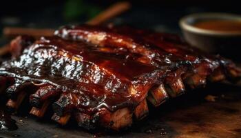 grillé porc travers de porc avec sarriette barbecue sauce généré par ai photo