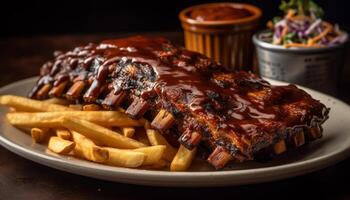 grillé porc nervure assiette avec français frites généré par ai photo