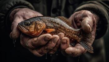 caucasien pêcheur en portant Frais capture de poisson généré par ai photo