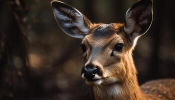 étourdissant portrait de une mignonne cerf dans forêt généré par ai photo