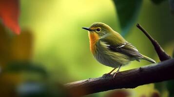 fauvette se percher sur une bifurquer, brillant clair ligh brouiller Contexte de vert la nature. génératif ai photo