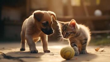 espiègle chaton et chiot prendre plaisir la nature amusement généré par ai photo