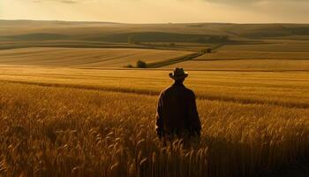 solitude dans la nature agriculteur récolte blé à crépuscule généré par ai photo