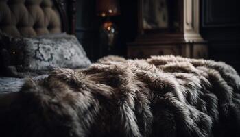 duveteux fourrure manteau sur moderne cuir canapé généré par ai photo