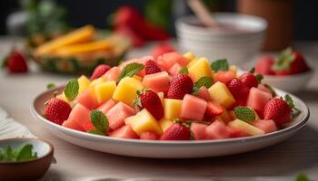 été fruit salade une gourmet en bonne santé rafraîchissement généré par ai photo