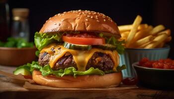 grillé cheeseburger et frites, une classique américain repas généré par ai photo