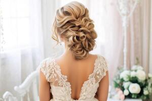 Stock photo de mariage coiffures pour longue cheveux Regardez de retour la photographie ai généré