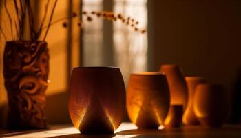 poterie vase sur en bois tableau, élégamment illuminé généré par ai photo