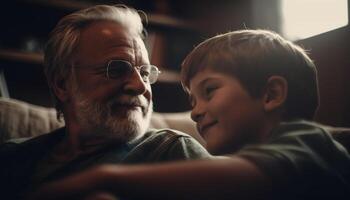 souriant grand-père embrassement petit fils, profiter loisir activité généré par ai photo