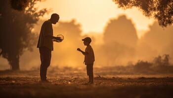 père et fils espiègle à le coucher du soleil Prairie généré par ai photo