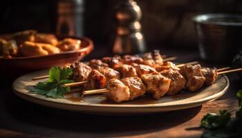 grillé embroché Viande sur rustique en bois table généré par ai photo