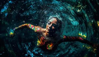 souriant femmes dans bleu maillots de bain prendre plaisir sous-marin aventure généré par ai photo