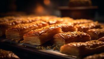 Baklava, miellé Pâtisserie farci avec noix, décadent généré par ai photo