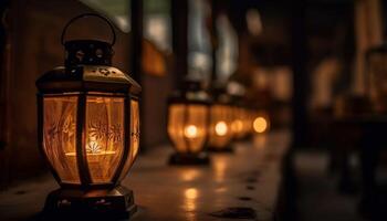 antique lanterne illuminé foncé hiver nuit en plein air généré par ai photo