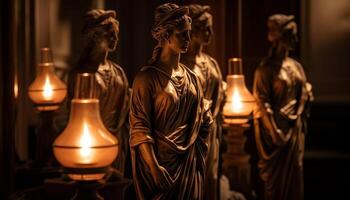 Hommes permanent avant illuminé statue, prier pour paix généré par ai photo