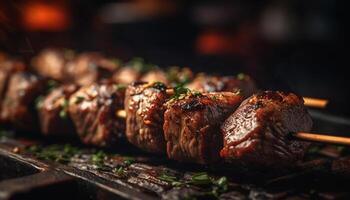 grillé viandes et légumes sur rustique brochettes généré par ai photo