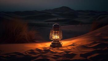 le coucher du soleil flamme illumine le sable dune paysage aventure généré par ai photo