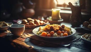 rustique fait maison repas sur bois table à l'intérieur généré par ai photo