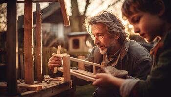 père et fils charpentiers créer Extérieur chef-d'oeuvre généré par ai photo