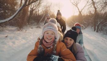 caucasien famille sourit et pièces dans neige généré par ai photo
