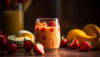 Frais baie smoothie dans rustique en bois bol généré par ai photo