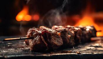 flamme grillé Viande brochettes, parfait pour été pique-niques généré par ai photo