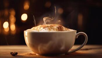 chaud café tasse sur en bois table avec vapeur généré par ai photo