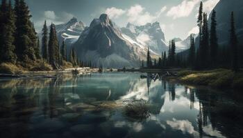 tranquille scène avec majestueux Montagne de pointe réflexion généré par ai photo