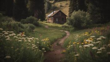 Montagne Prairie fleurs dans tranquille été lumière du soleil généré par ai photo