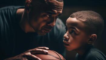 père et fils collage plus de basketball à l'intérieur généré par ai photo