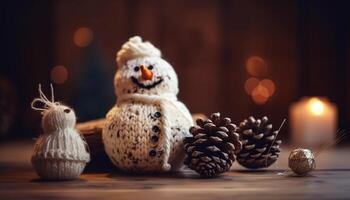 hiver fête lumières en haut rustique bonhomme de neige cadeau généré par ai photo