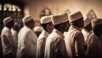 Hommes dans turbans debout, prier à Dieu généré par ai photo