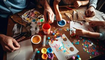 La peinture amusement à l'intérieur, multi coloré la créativité ensemble avec famille généré par ai photo