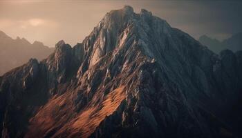 majestueux Montagne de pointe à coucher de soleil, un aventure généré par ai photo