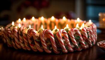 embrasé aux chandelles illumine sucré Noël desserts sur table généré par ai photo