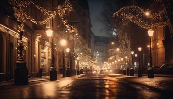 embrasé Noël lumières éclairer ville des rues à crépuscule généré par ai photo