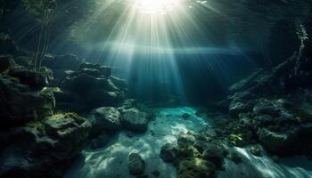 plongée dans bleu paysage marin, explorant sous-marin beauté généré par ai photo