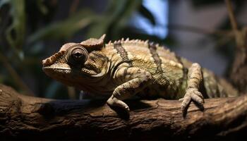 Jaune lézard sur branche dans tropical forêt généré par ai photo