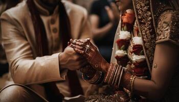 jeunes mariés en portant mains dans traditionnel Indien la cérémonie généré par ai photo