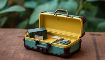 antique cuir valise sur en bois table en plein air généré par ai photo