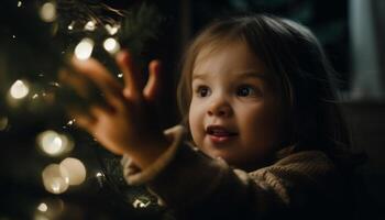 souriant bambin détient Noël cadeau, entouré par famille généré par ai photo