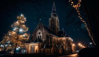 gothique chapelle illuminé par Noël lumières à nuit généré par ai photo